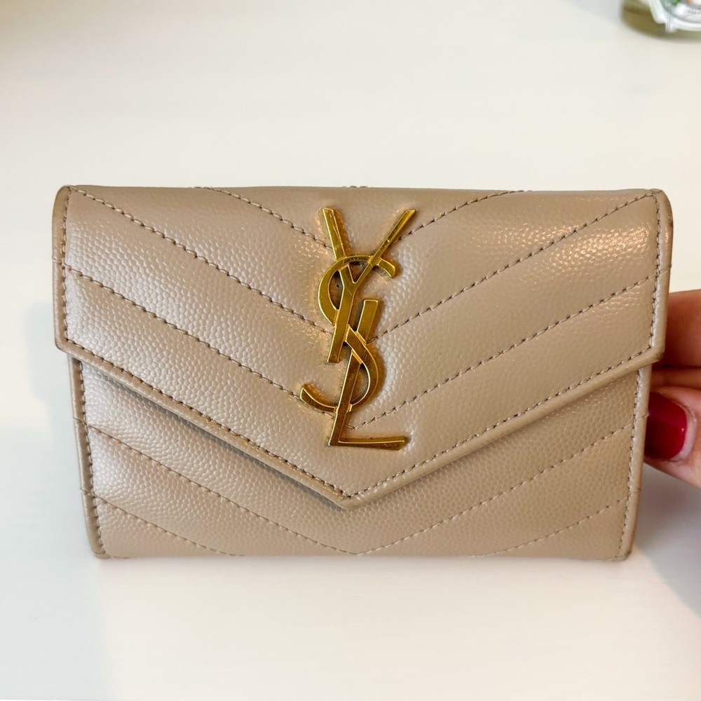 Saint Laurent Taupe Leather Wallet with Gold Logo